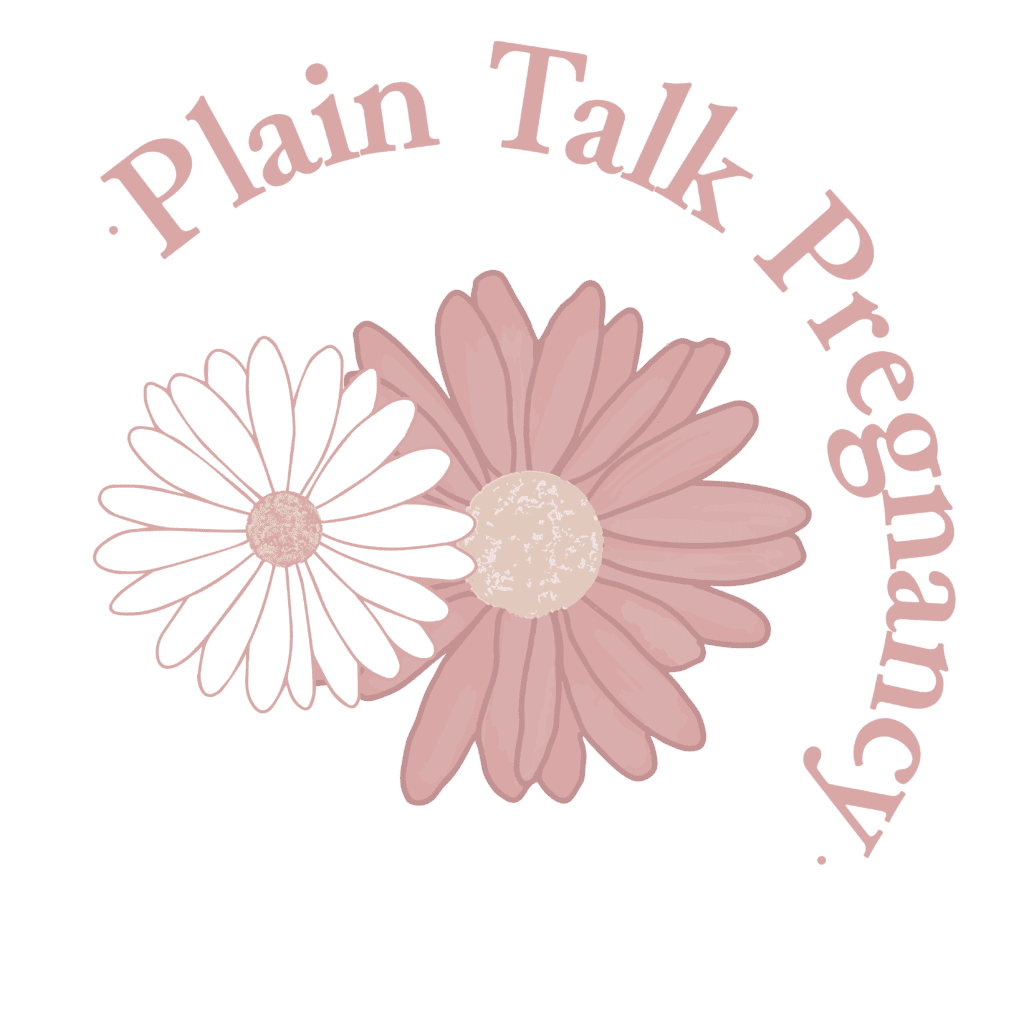 Plain Talk Pregnancy icon: One small white daisy nestled into a larger pink daisy, with the words "Plain Talk Pregnancy" wrapped around in a curve from top left to bottom right
